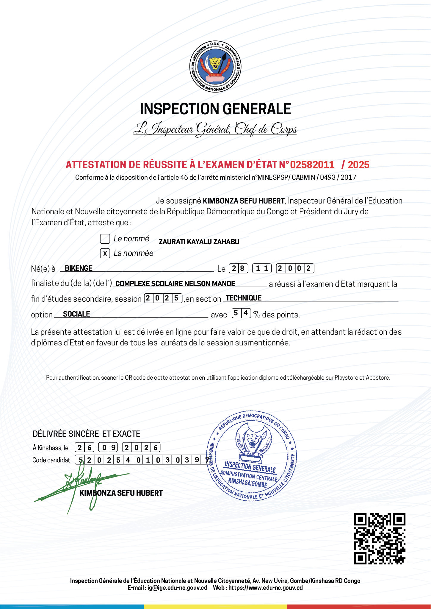 Attestation de ZAURATI KAYALU ZAHABU